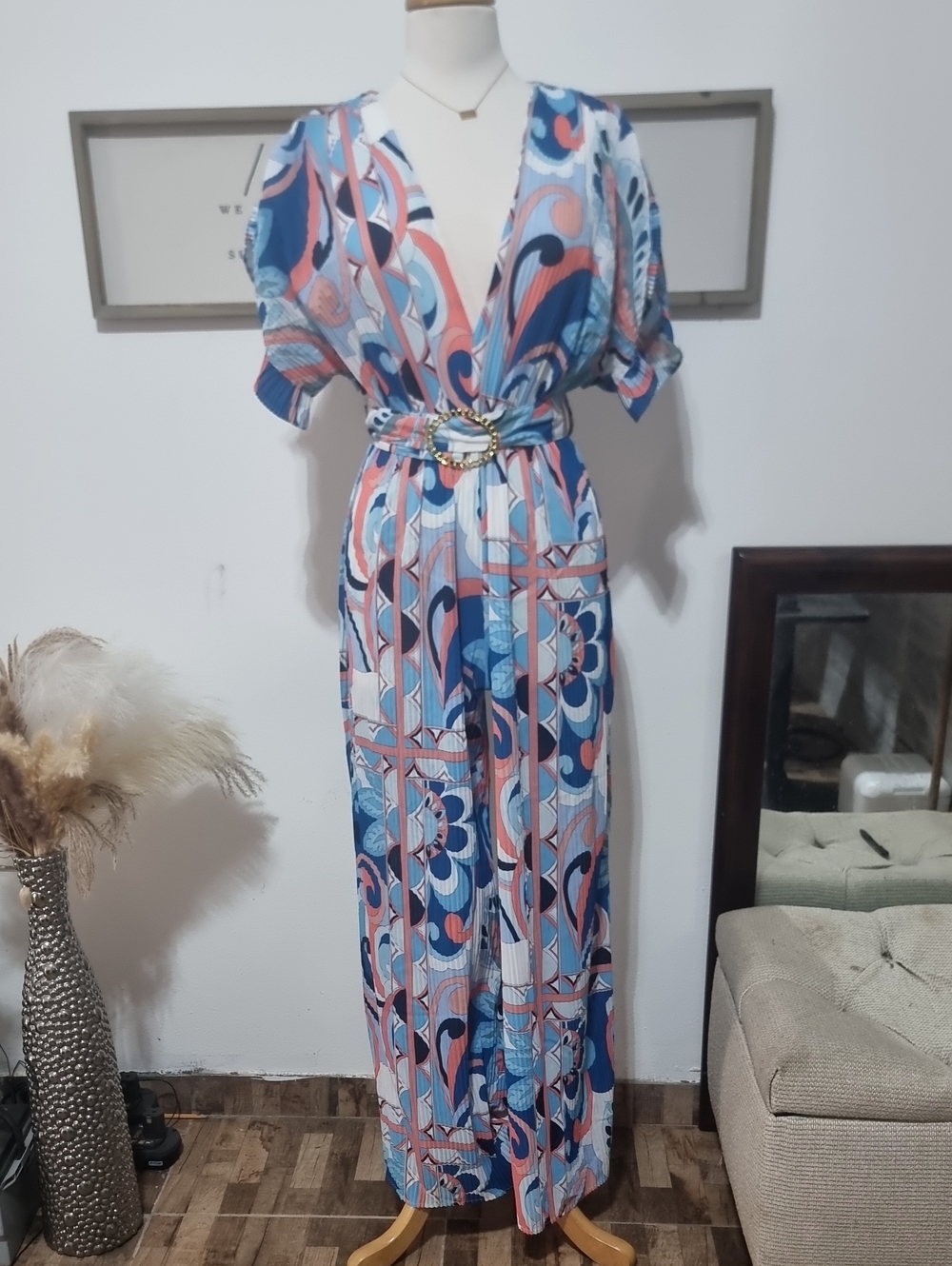 Printed Blue & Pink V-Neck Maxi Dress with Belt
